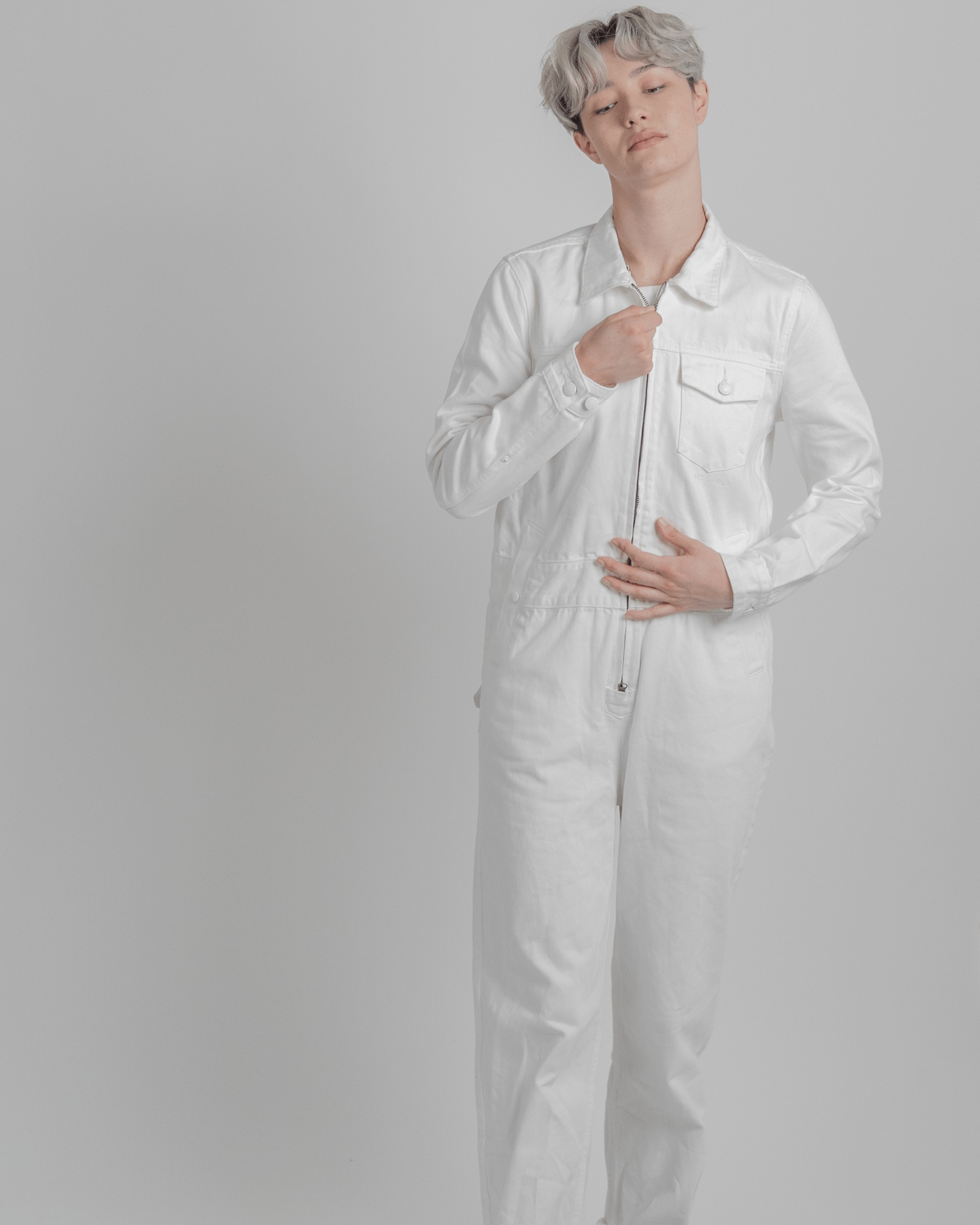 Denim Collared Zip Overall White
