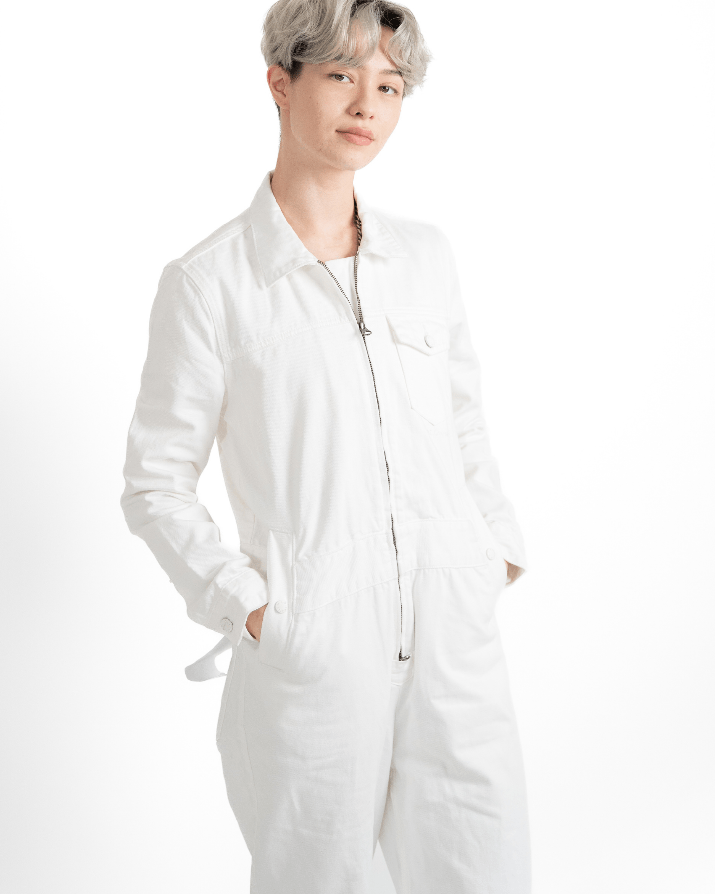 Denim Collared Zip Overall White