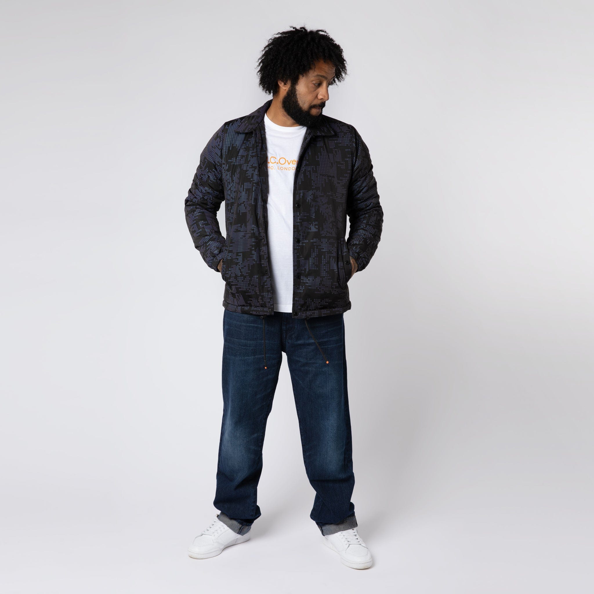 Reflective Printed Puffer Coach Jacket Black