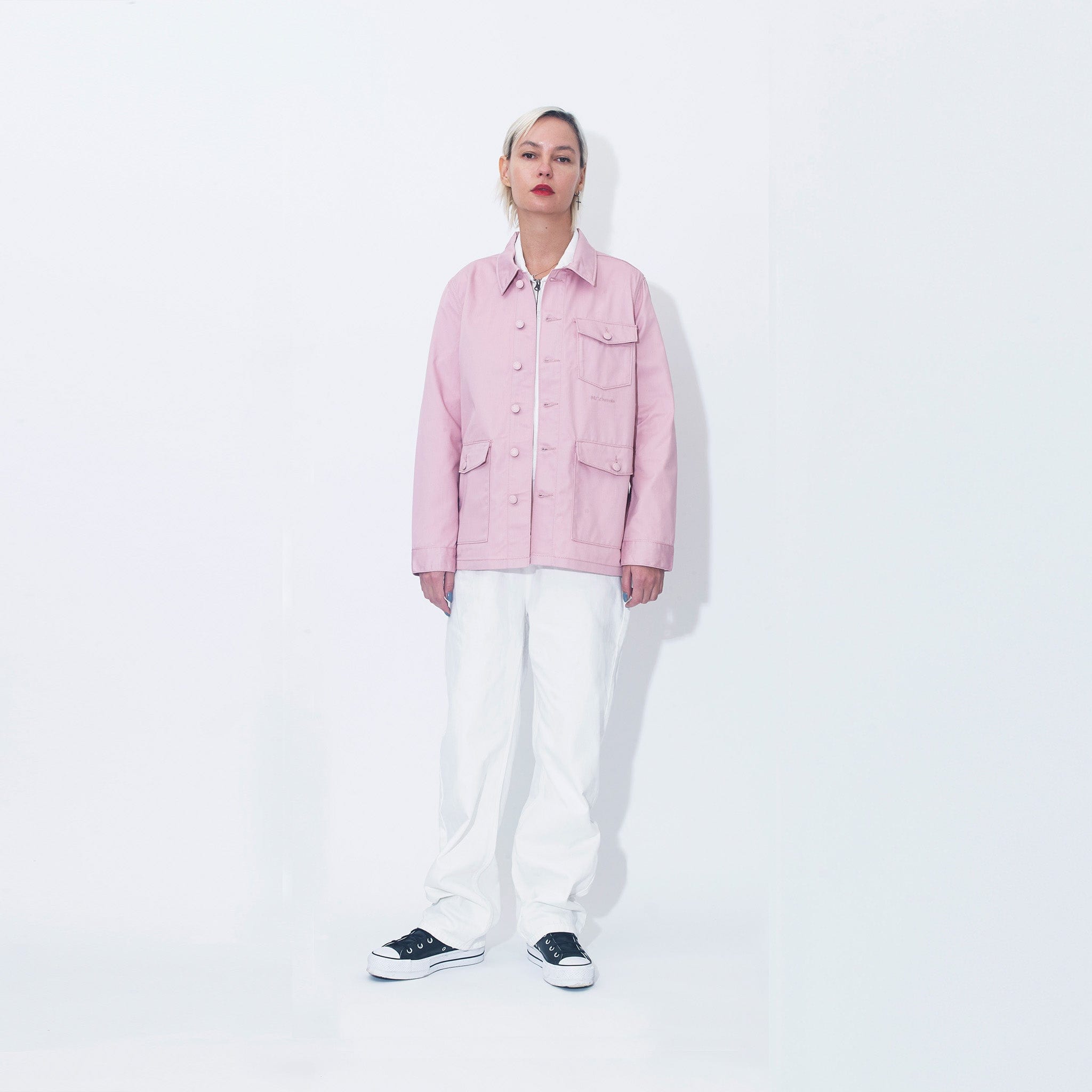Premium Workwear Staples, Dusty Pink Work Jacket Paired With White Work Trousers.