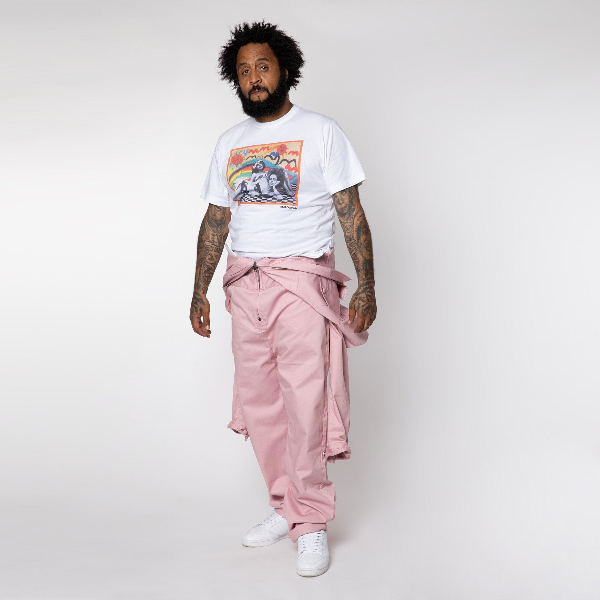 M.C.O&#39;s Dusty Pink Work Overalls and White Graphic Tee for Men in London, UK.
