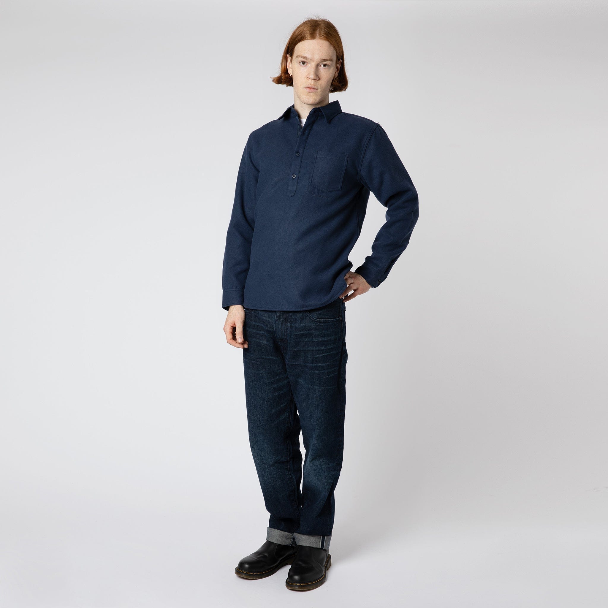 Heavy Flannel Pullover Collared Shirt Navy