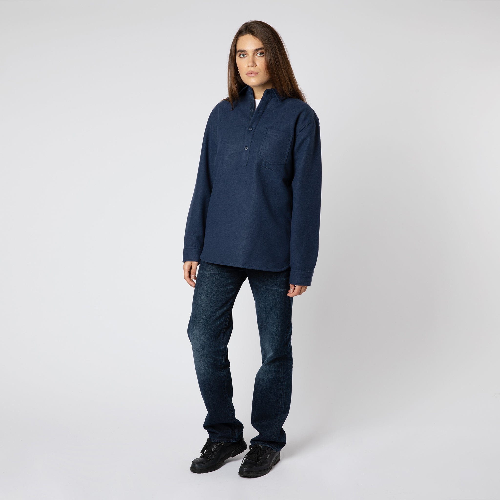 Heavy Flannel Pullover Collared Shirt Navy