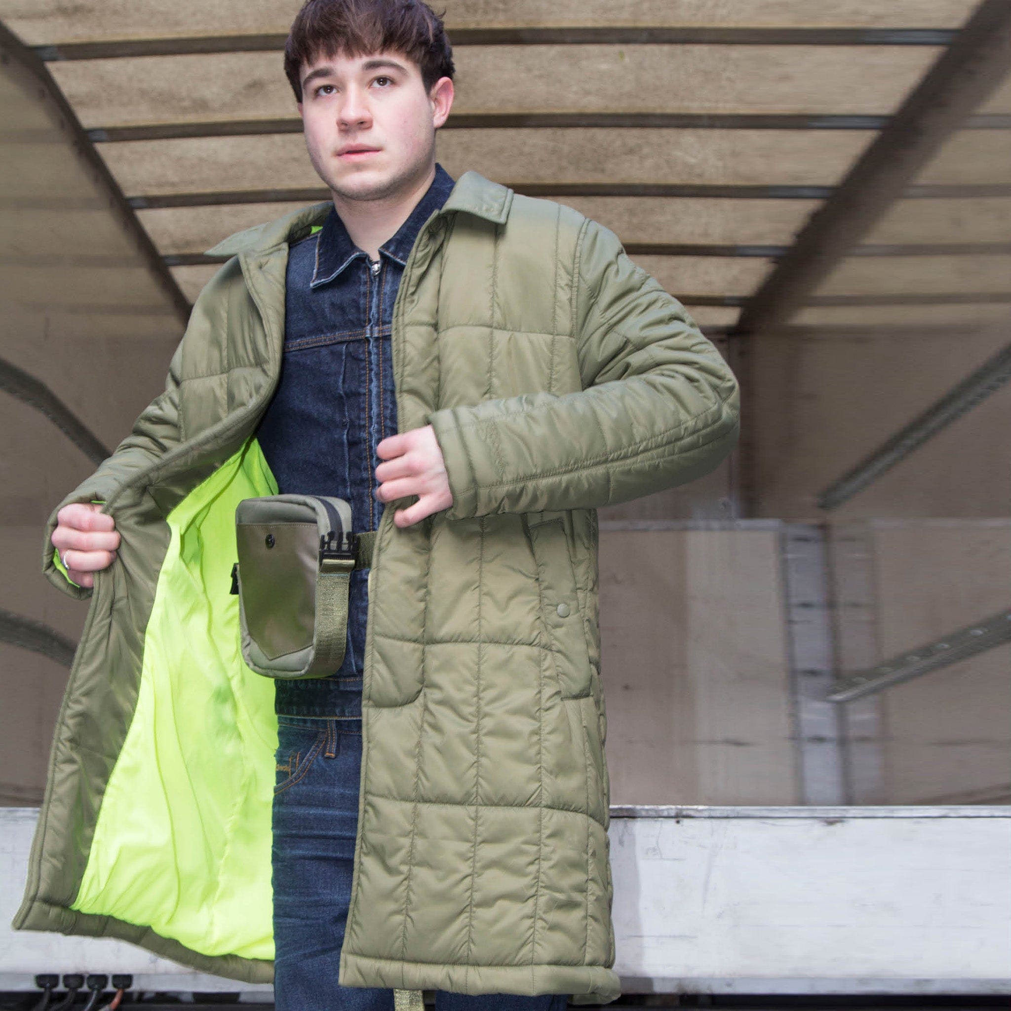 Padded Single Breasted Mac Coat Olive