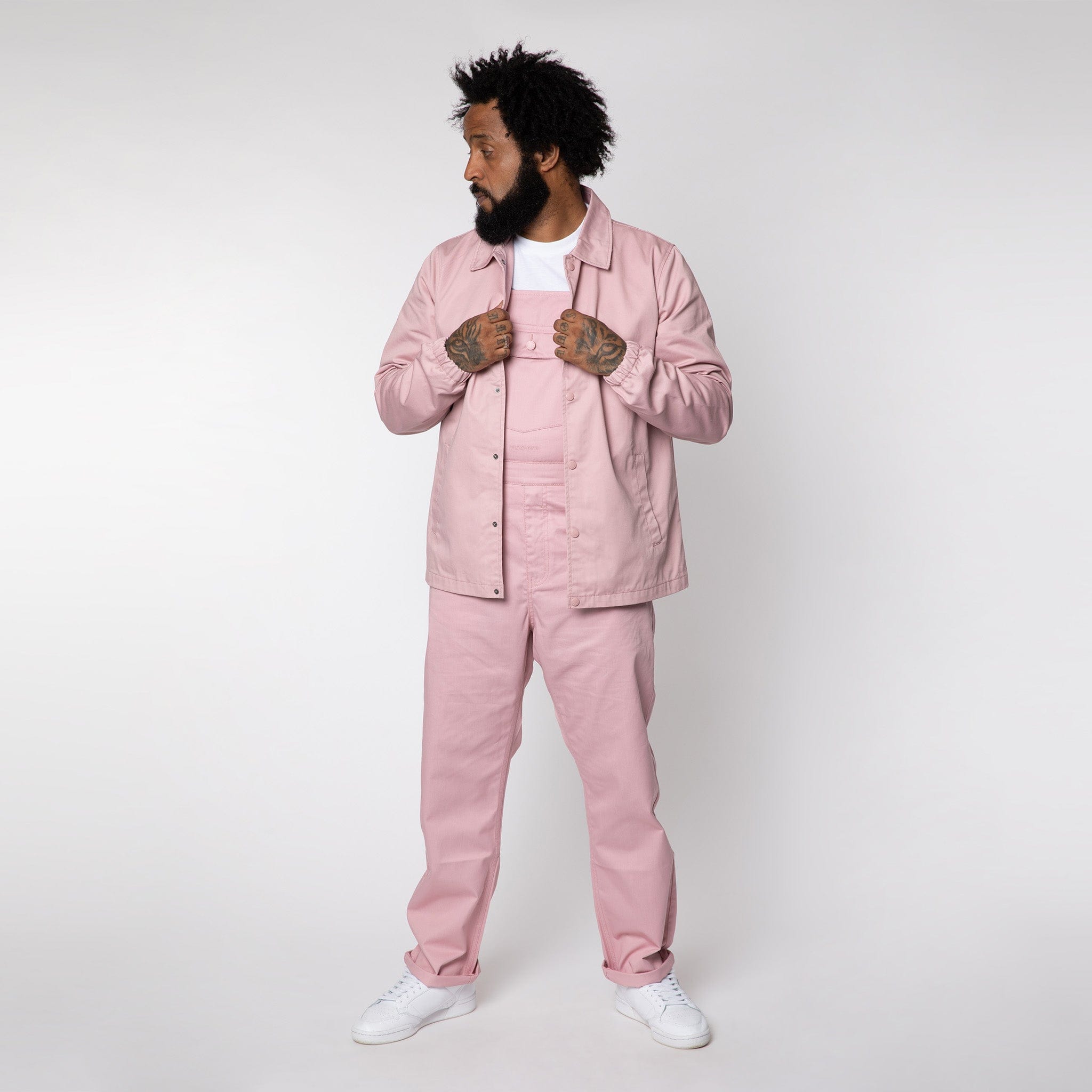 Men&#39;s Polycotton Pink Dungarees Worn With Dusty Pink Work Jacket.